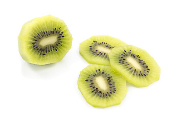 Image showing Peeled half kiwi fruit with three juicy slices