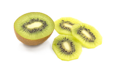 Image showing Half a healthy kiwifruit with three slices of fruit 