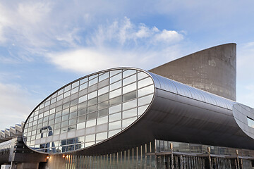 Image showing Modern architecture. Graphical geometric pattern on modern building.