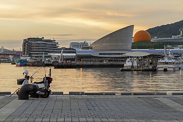 Image showing Nagasaki, Japan. Dejima wharf shopping area at sunset