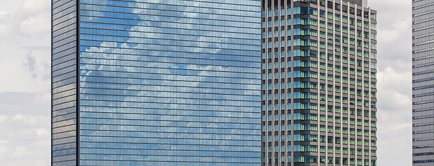 Image showing Modern architecture. Modern steel and glass skyscrapers in Osaka.