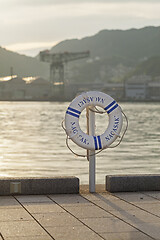 Image showing Wharf in Nagasaki with giant cantilever crane on background