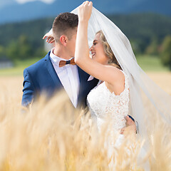 Image showing Groom hugs bride tenderly while wind blows her veil in wheat field somewhere in Slovenian countryside.