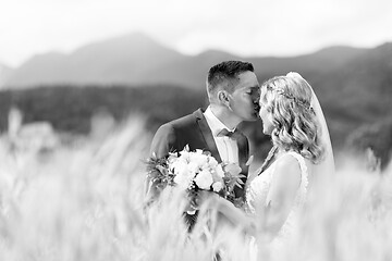 Image showing Groom hugging bride tenderly and kisses her on forehead in wheat field somewhere in Slovenian countryside.