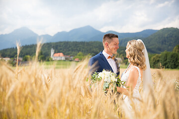 Image showing Groom hugs bride tenderly in wheat field somewhere in Slovenian countryside.