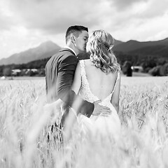 Image showing Bride and groom kissing and hugging tenderly in wheat field somewhere in Slovenian countryside.