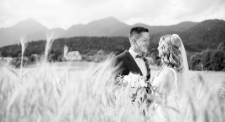 Image showing Groom hugs bride tenderly in wheat field somewhere in Slovenian countryside.