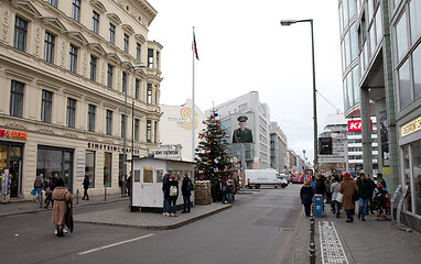 Image showing Berlin, Germany - December 20, 2019: People visit famous Checkpo