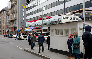 Image showing Berlin, Germany - December 20, 2019: People visit famous Checkpo