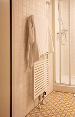 Image showing Heated towel rack in an old bathroom