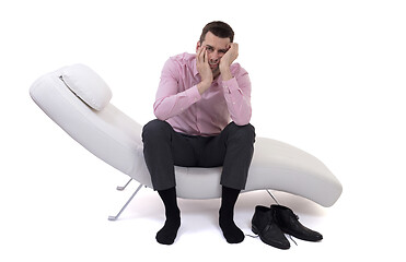 Image showing Man client sitting with psychologist on the comfortable couch