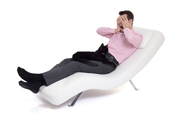 Image showing Man client sitting with psychologist on the comfortable couch du