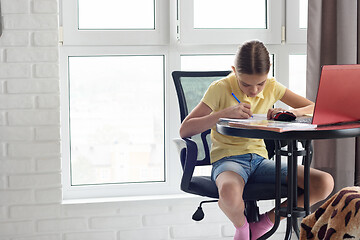 Image showing Quarantined girl doing homework via distance learning