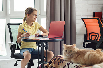 Image showing The girl is studying at home on distance learning, distracted and looked out the window