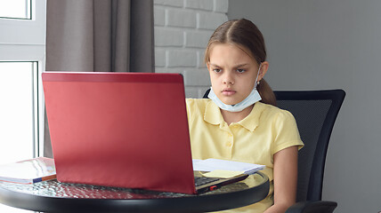 Image showing Girl in self-isolation mode sits at a computer and does homework online