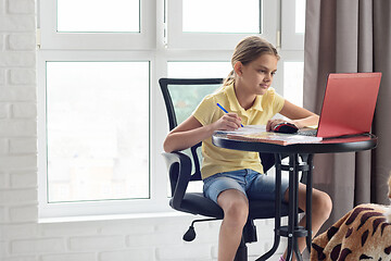 Image showing Girl studying remotely online while at home