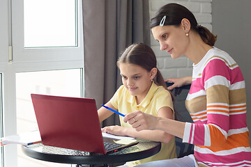 Image showing A tutor helps a girl learn online through the Internet