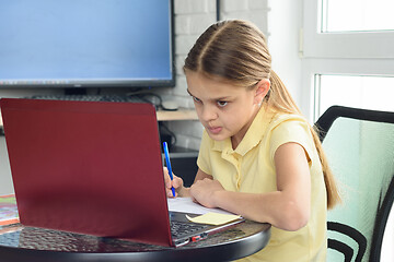 Image showing The girl is engaged in additional tutoring online