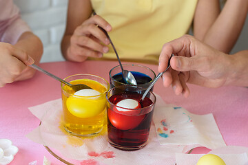 Image showing Family dipped chicken eggs in a food coloring solution