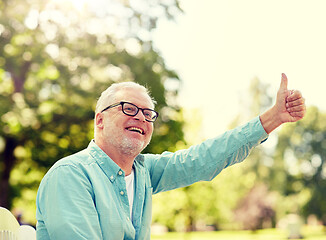 Image showing happy senior man showing thumbs up at summer park