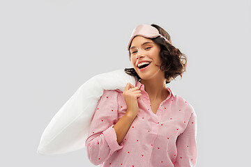 Image showing woman with pillow in pajama and eye sleeping mask