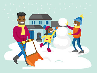 Image showing Father removing snow while his kids making snowman