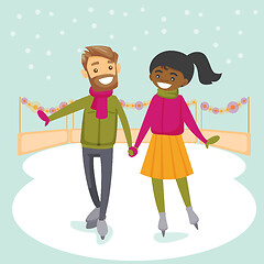 Image showing Multiracial couple skating on ice rink outdoors.