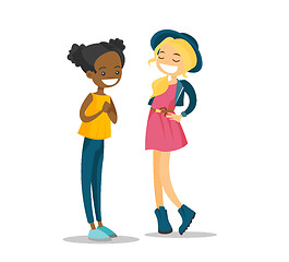 Image showing Two young multiracial girls talking and laughing.