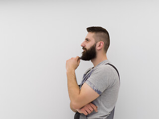 Image showing portrait of bearded hipster handyman isolated on white