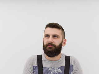 Image showing portrait of bearded hipster handyman isolated on white