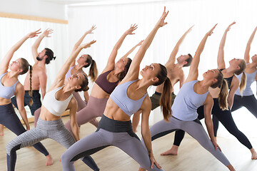 Image showing Group of young authentic sporty attractive people in yoga studio, practicing yoga lesson with instructor. Healthy active lifestyle, working out in gym