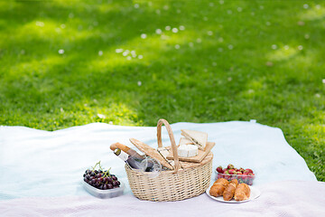 Image showing picnic basket, food and wine at summer park