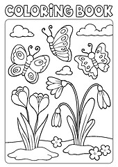 Image showing Coloring book spring flowers and butterflies