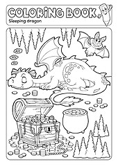 Image showing Coloring book dragon and treasure chest