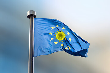 Image showing European Union flag with molecule of Coronavirus inside round from stars.