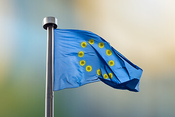 Image showing Flag of European Union with rond from bacteria of Coronavirus.