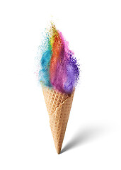 Image showing Ice cream from multicolored dust explosion in a waffle cone.