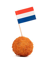 Image showing Single dutch traditional snack bitterbal with a dutch flag