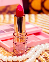 Image showing Cosmetic Red Lipstick Represents Beauty Product And Facial 