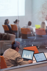 Image showing businesswoman using a laptop in startup office