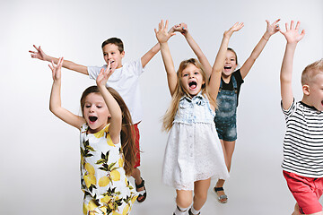 Image showing Group fashion cute preschooler kids friends posing together and looking at camera white background