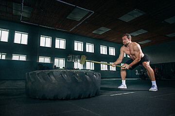 Image showing Shirtless man flipping heavy tire at gym