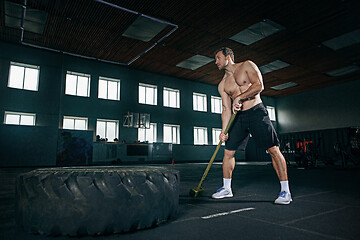 Image showing Shirtless man flipping heavy tire at gym