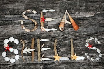 Image showing Sea Shells Abstract Background on Rustic Wood