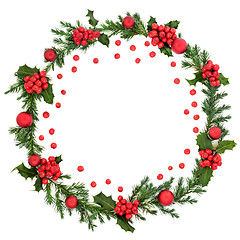 Image showing Winter & Christmas Wreath with Red Holly Berries