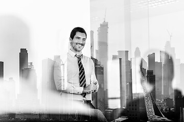 Image showing Confident company leader on business meeting against new york city manhattan buildings and skyscrapers window reflection.