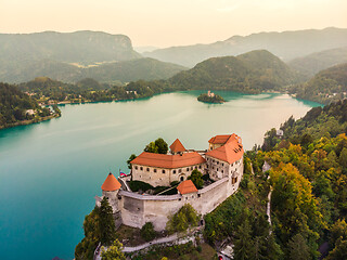 Image showing Aerial view of Bled Castle overlooking Lake Bled in Slovenia, Europe