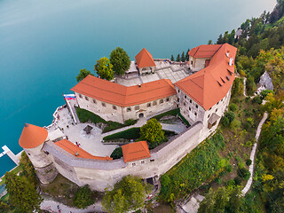 Image showing Aerial view of Bled Castle overlooking Lake Bled in Slovenia, Europe