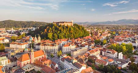 Image showing Cityscape of Ljubljana, capital of Slovenia in warm afternoon sun.