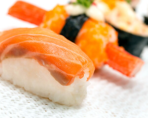 Image showing Delicious Salmon Sushi Indicates Oriental Food And Asian 